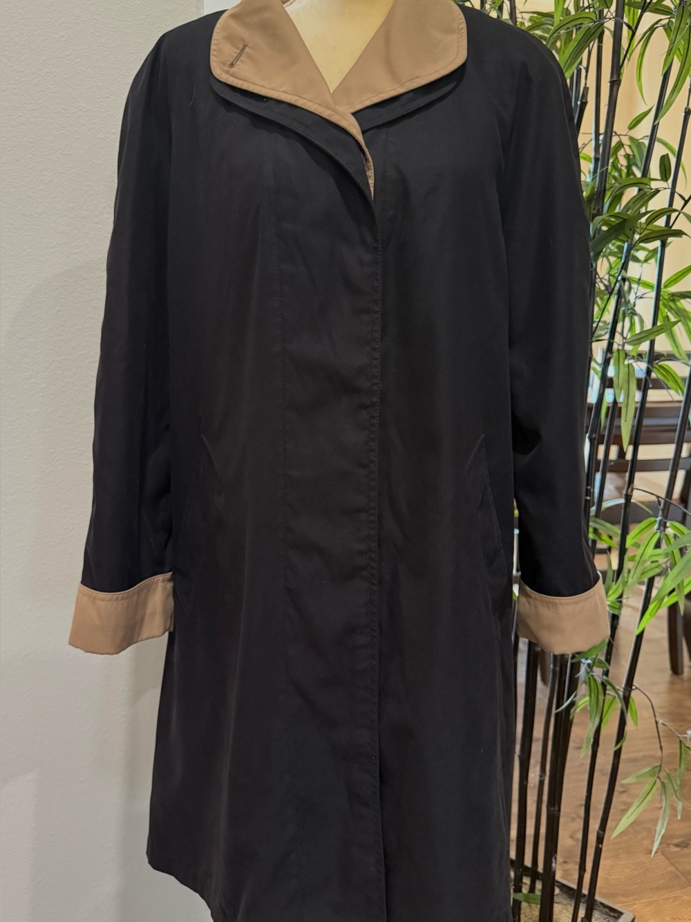 Gallery Black Trench Coat with Tan Collar & Cuffs